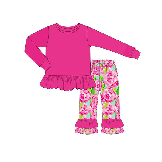 (Pre-order)GLP1462 Hotpink Top Flowers Pants Girls Fall Clothes Set