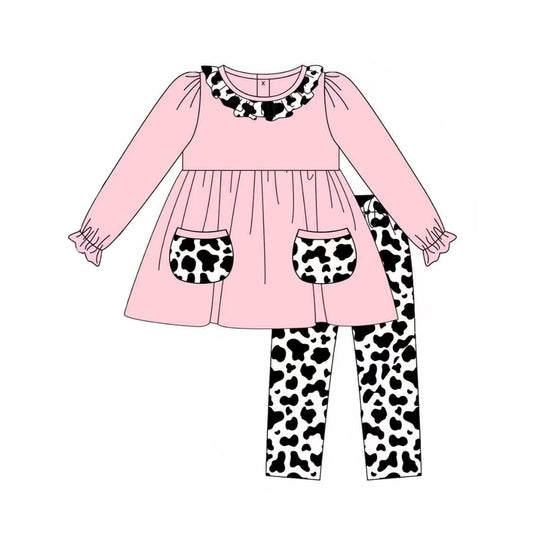 (Pre-order)GLP1463  Pink Pockets Tunic Top Cow Pants Girls Fall Clothes Set