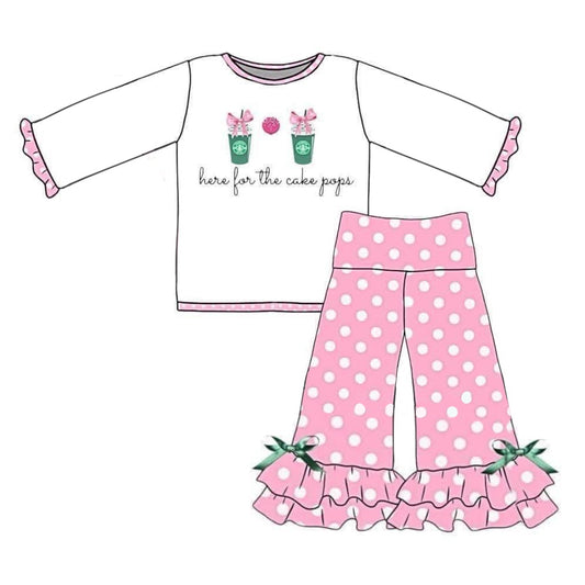 (Pre-order)GLP1464 Bow Cake Coffee Top Pink Dots Pants Girls Fall Clothes Set