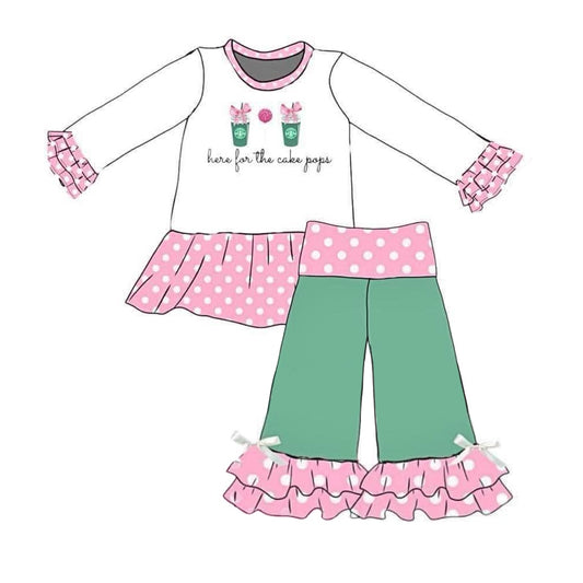 (Pre-order)GLP1465 Bow Cake Coffee Top Green Pants Girls Fall Clothes Set