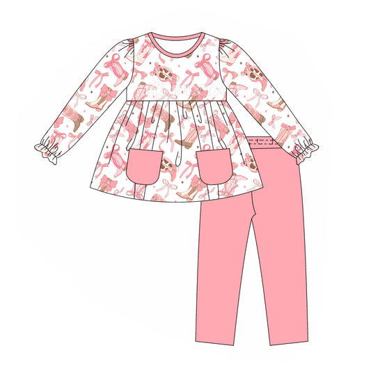 (Pre-order)GLP1467 Bows Boots Tunic Top Pink Pants Girls Fall Clothes Set