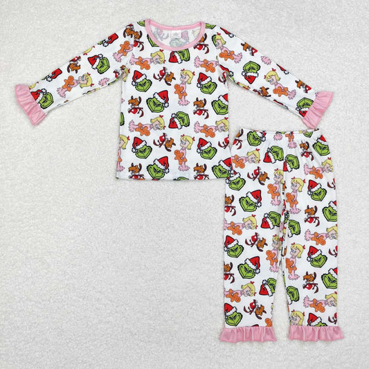 GLP1477 Green Frog Print Girls Christmas Bamboo Pajamas Clothes Set