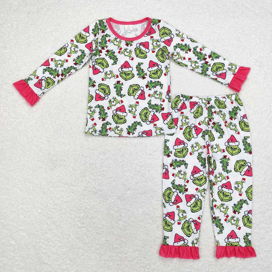 GLP1478 Green Frog Face Print Girls Christmas Pajamas Clothes Set