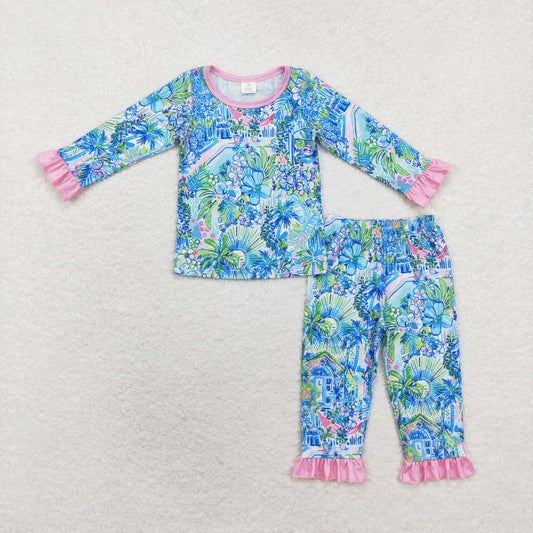 GLP1481 Blue Flowers House Print Girls Fall Bamboo Pajamas Clothes Set