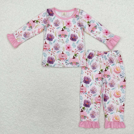 GLP1482 Pumpkin Flowers Print Girls Fall Bamboo Pajamas Clothes Set