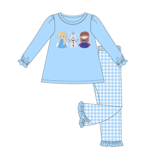 (Pre-order)GLP1484 Cartoon Princess Blue Tunic Top Plaid Pants Girls Fall Clothes Set