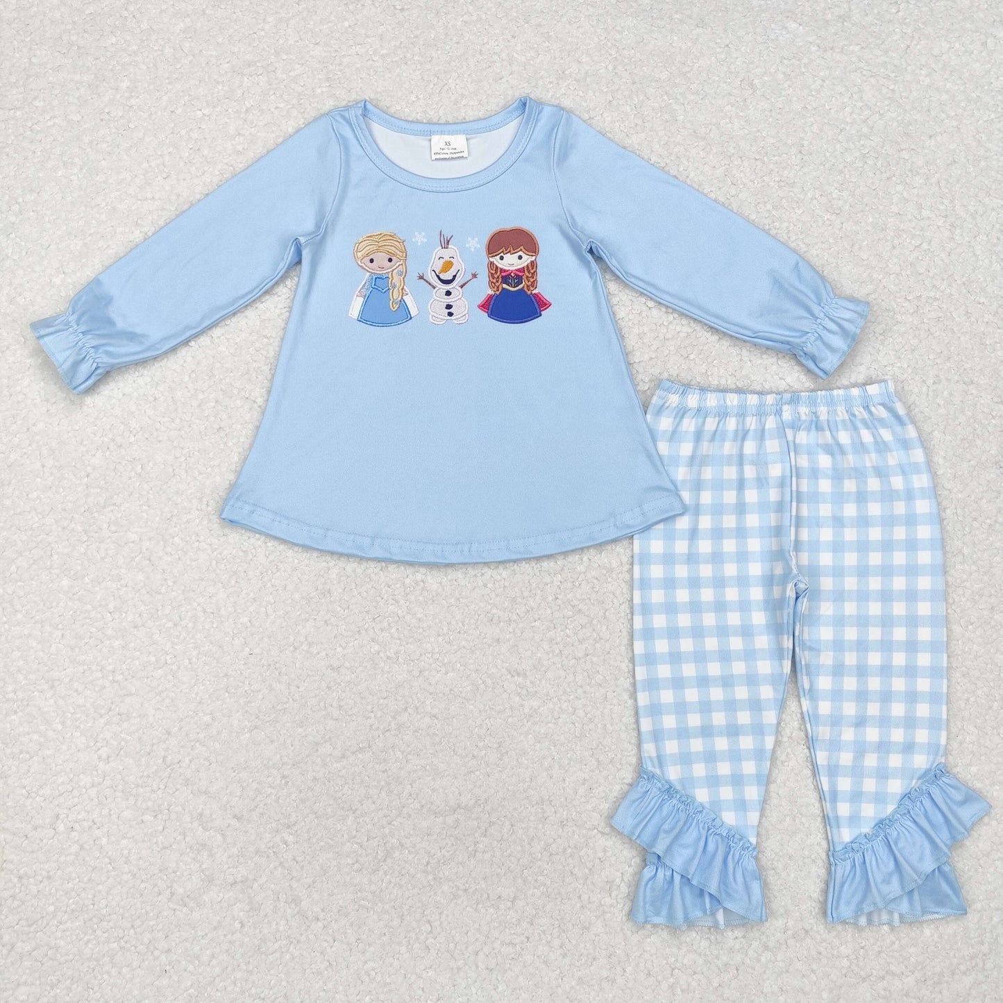 GLP1484 Cartoon Princess Blue Tunic Top Plaid Pants Girls Fall Clothes Set