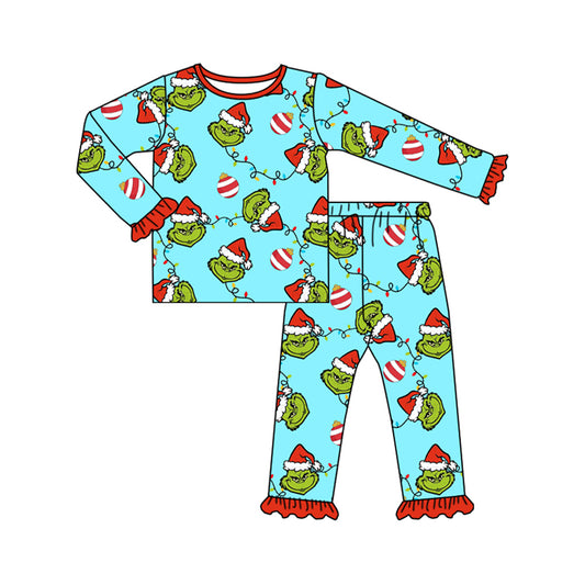 (Pre-order)GLP1489 Frog Face Lights Print Girls Christmas Pajamas Clothes Set