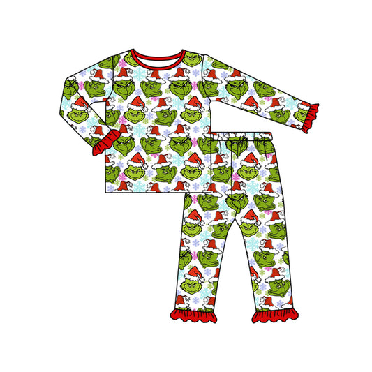 (Pre-order)GLP1490 Frog Face Snowflake Print Girls Christmas Pajamas Clothes Set