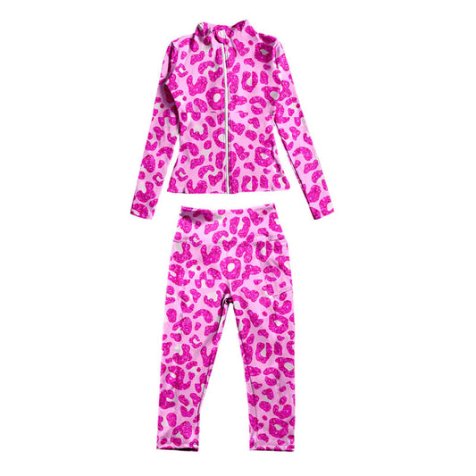 (Pre-order)GLP1492  Pink Leopard Zipper Top Pants Girls Fall Clothes Set