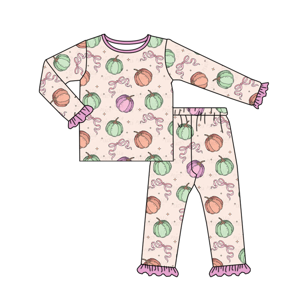 (Pre-order)GLP1497 Pumpkin Bows Print Girls Fall Pajamas Clothes Set