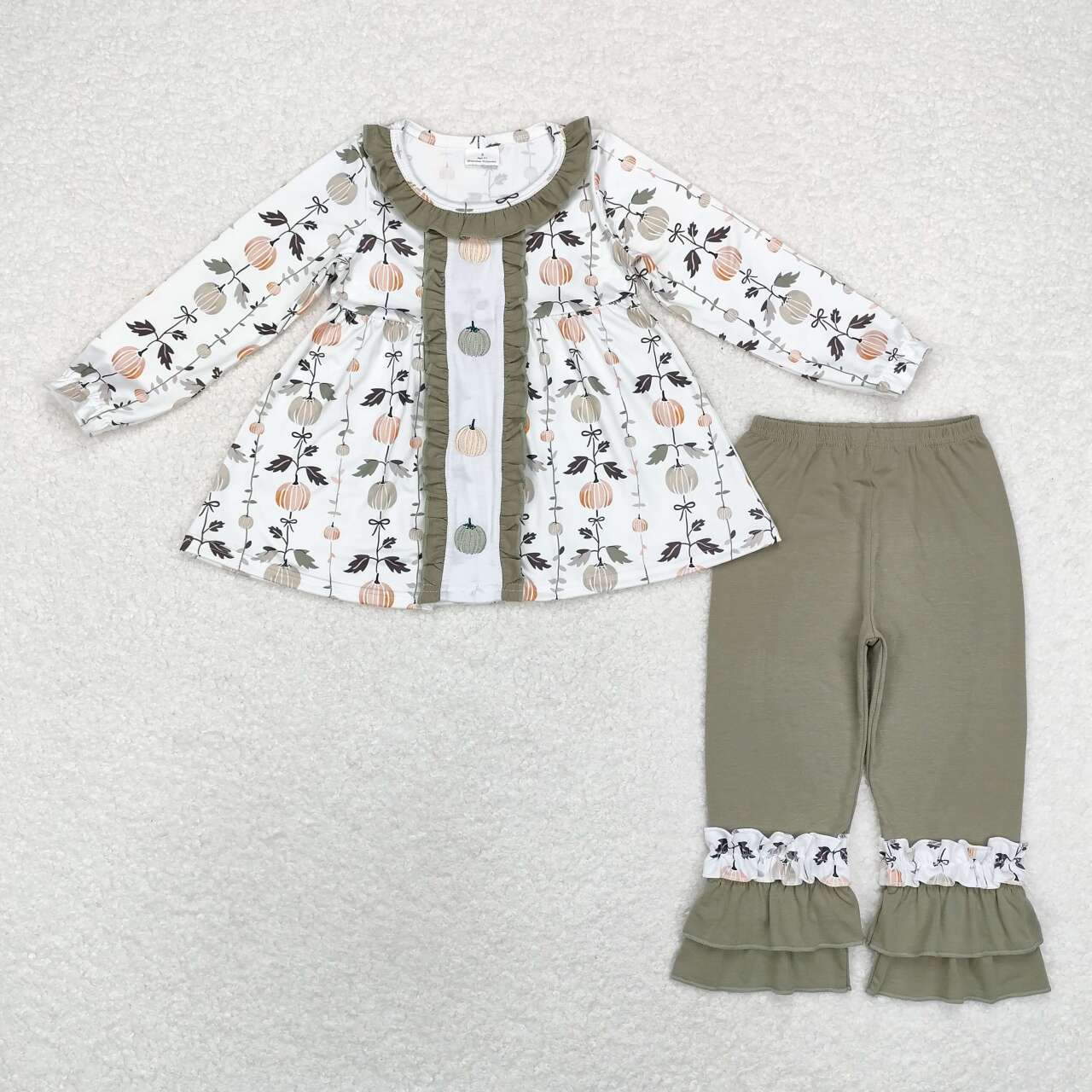 GLP1499 Pumpkin Embroidery Tunic Top Green Pants Girls Fall Clothes Set