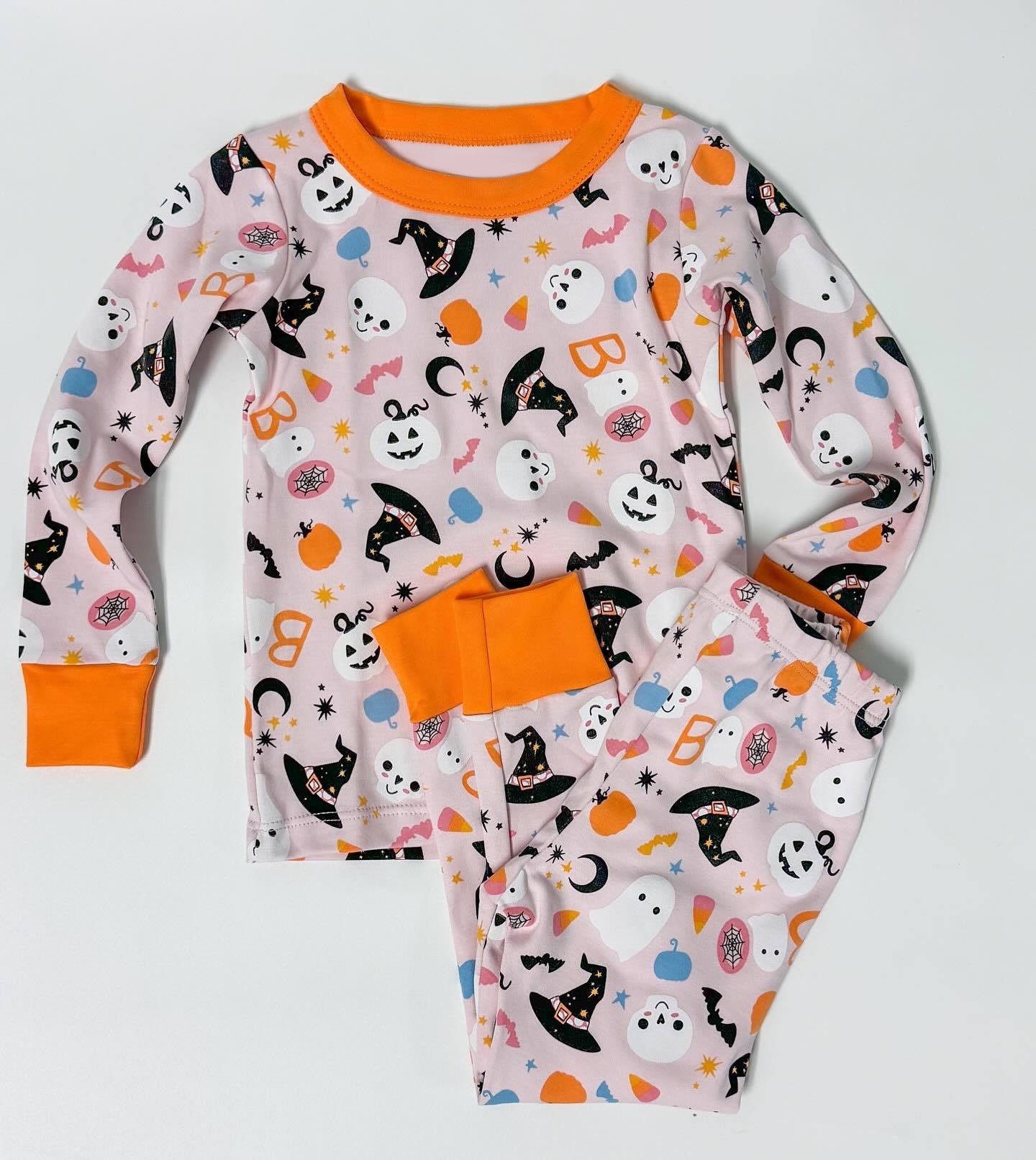 (Pre-order)GLP1500 BOO Pumpkin Hat Print Girls Halloween Pajamas Clothes Set