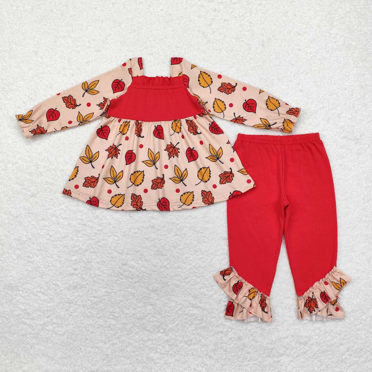 GLP1503 Leaves Tunic Top Red Pants Girls Fall Clothes Set