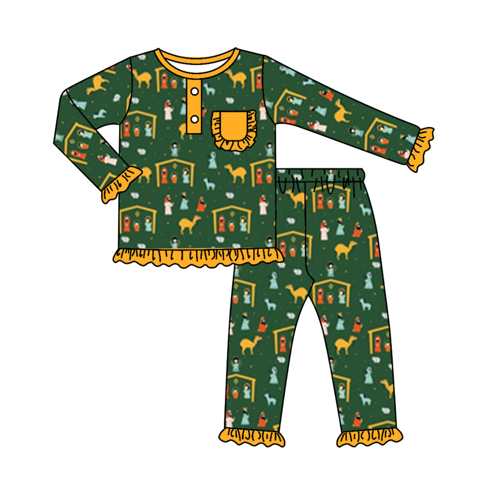 (Pre-order)GLP1509 Nativity Green Print Girls Christmas Pajamas Clothes Set