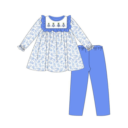 (Pre-order)GLP1511 Flowers Tree Tunic Top Blue Pants Girls Christmas Clothes Set