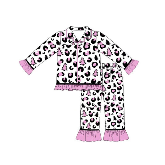 (Pre-order)GLP1513 Pink Leopard Print Girls Christmas Pajamas Clothes Set