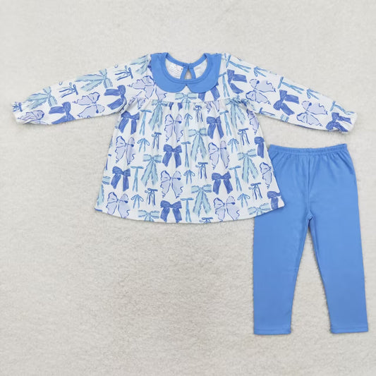 GLP1517 Blue Bows Tunic Top Legging Pants Girls Fall Clothes Set