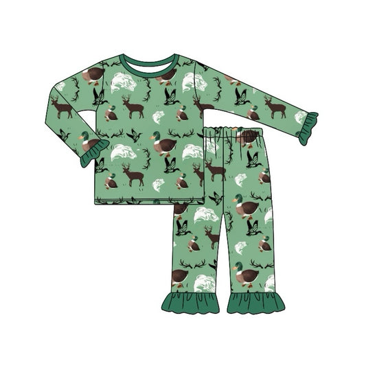 (Pre-order)GLP1519 Duck Deer Fish Hunting Print Girls Fall Pajamas Clothes Set