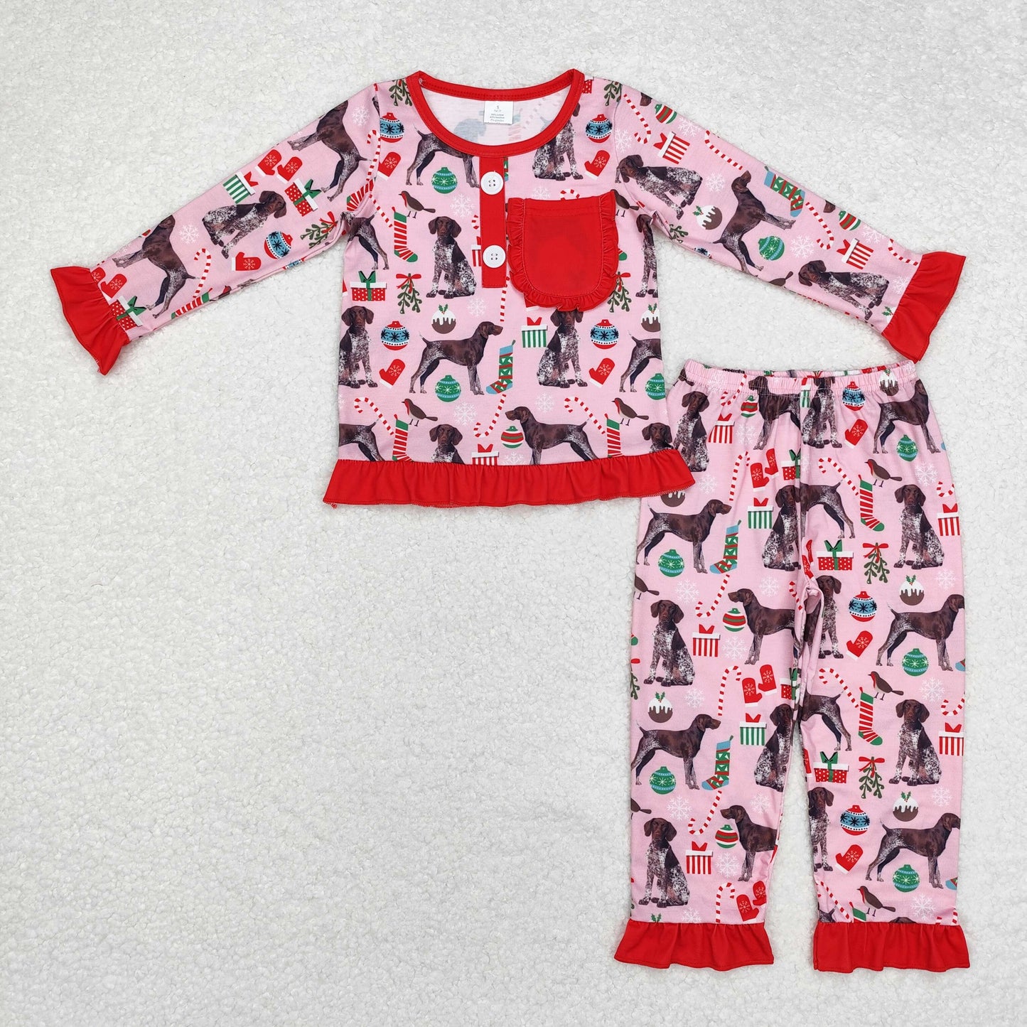 GLP1522 Dog Pink Print Girls Christmas Bamboo Pajamas Clothes Set