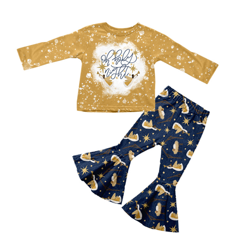 (Pre-order)GLP1524 Nativity Holy Night Top Navy Bell Pants Girls Christmas Clothes Set