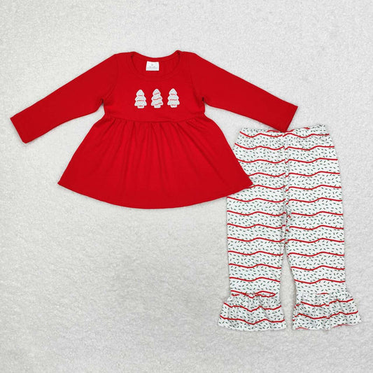 GLP1525 Debbie Cake Embroidery Red Tunic Top Ruffle Pants Girls Christmas Clothes Set