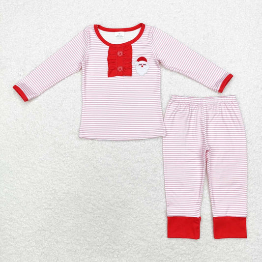 GLP1529 Santa Embroidery Pink Stripes Print Girls Christmas Pajamas Clothes Set