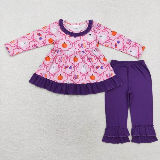 GLP1533 Bows Ghost Pumpkin Boo Tunic Top Purple Pants Girls Halloween Clothes Set