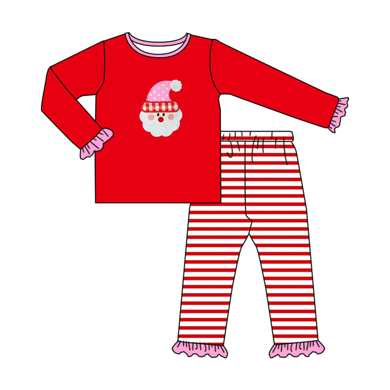 (Pre-order)GLP1538 Santa Top Red Stripes Pants Girls Christmas Pajamas Clothes Set