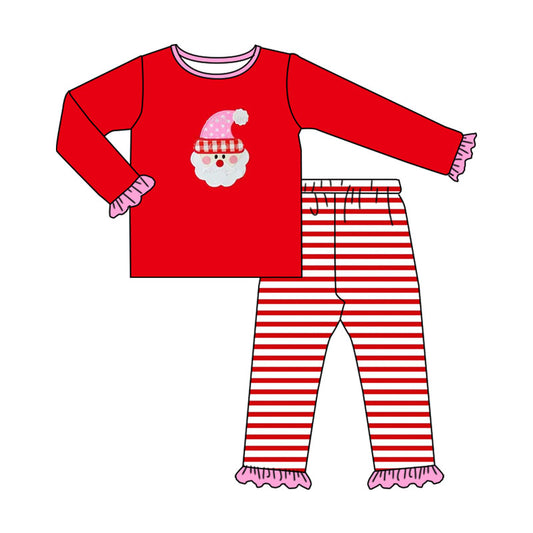 (Pre-order)GLP1538 Santa Top Red Stripes Pants Girls Christmas Pajamas Clothes Set