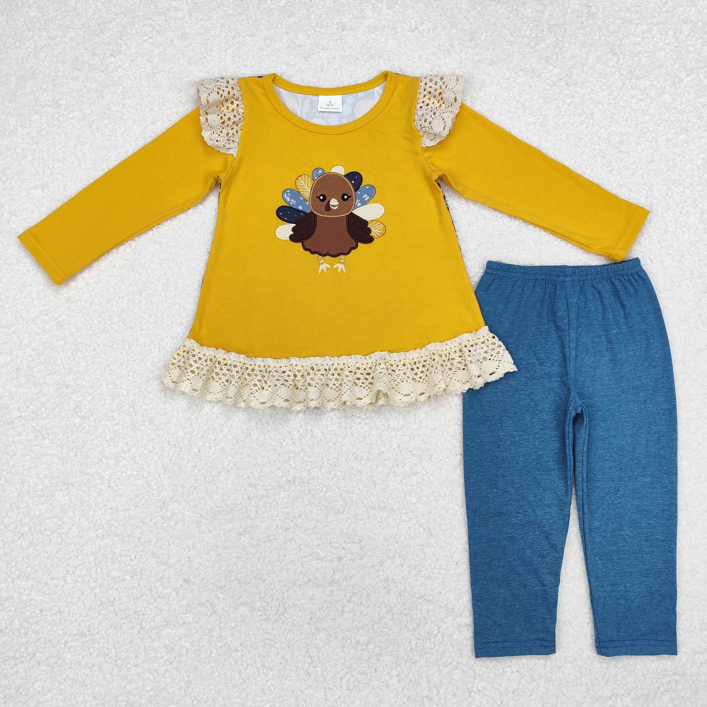 GLP1542 Turkey Embroidery Tunic Top Blue Pants Girls Thanksgiving Clothes Set