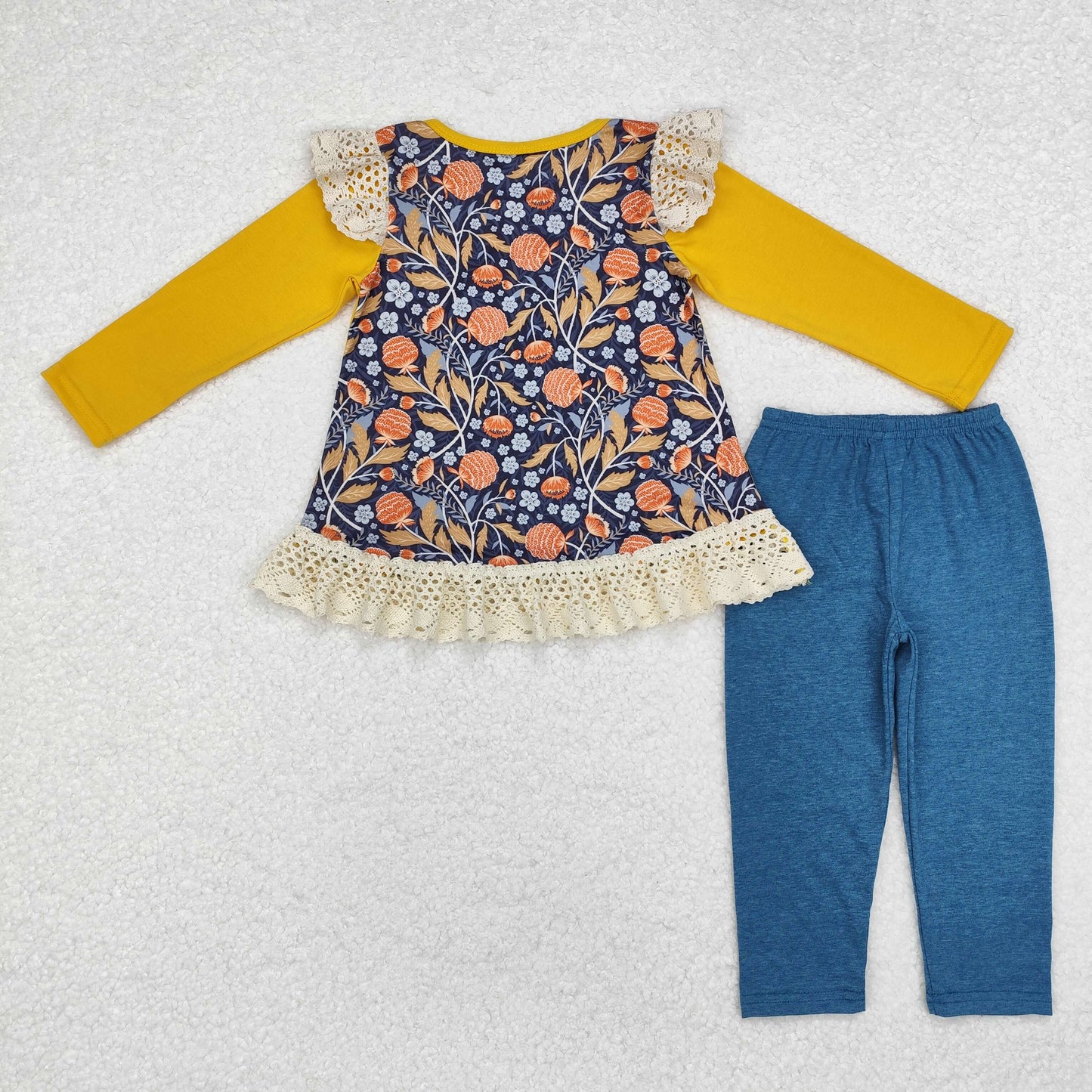 GLP1542 Turkey Embroidery Tunic Top Blue Pants Girls Thanksgiving Clothes Set