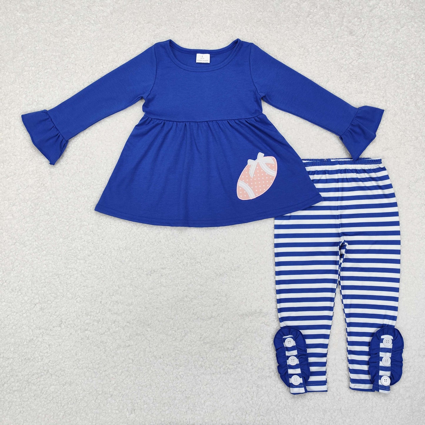 GLP1547 Football Embroidery Blue Tunic Top Stripes Pants Girls Fall Clothes Set