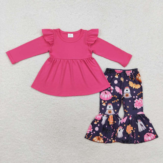 GLP1549 Pink Tunic Top Ghost Pumpkin Flowers Bell Pants Girls Halloween Clothes Set