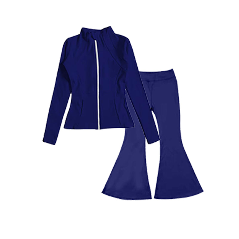 (Pre-order)GLP1551 Navy Color Zipper Jackets Top Bell Pants Girls Yoga Active Wear Clothes Set