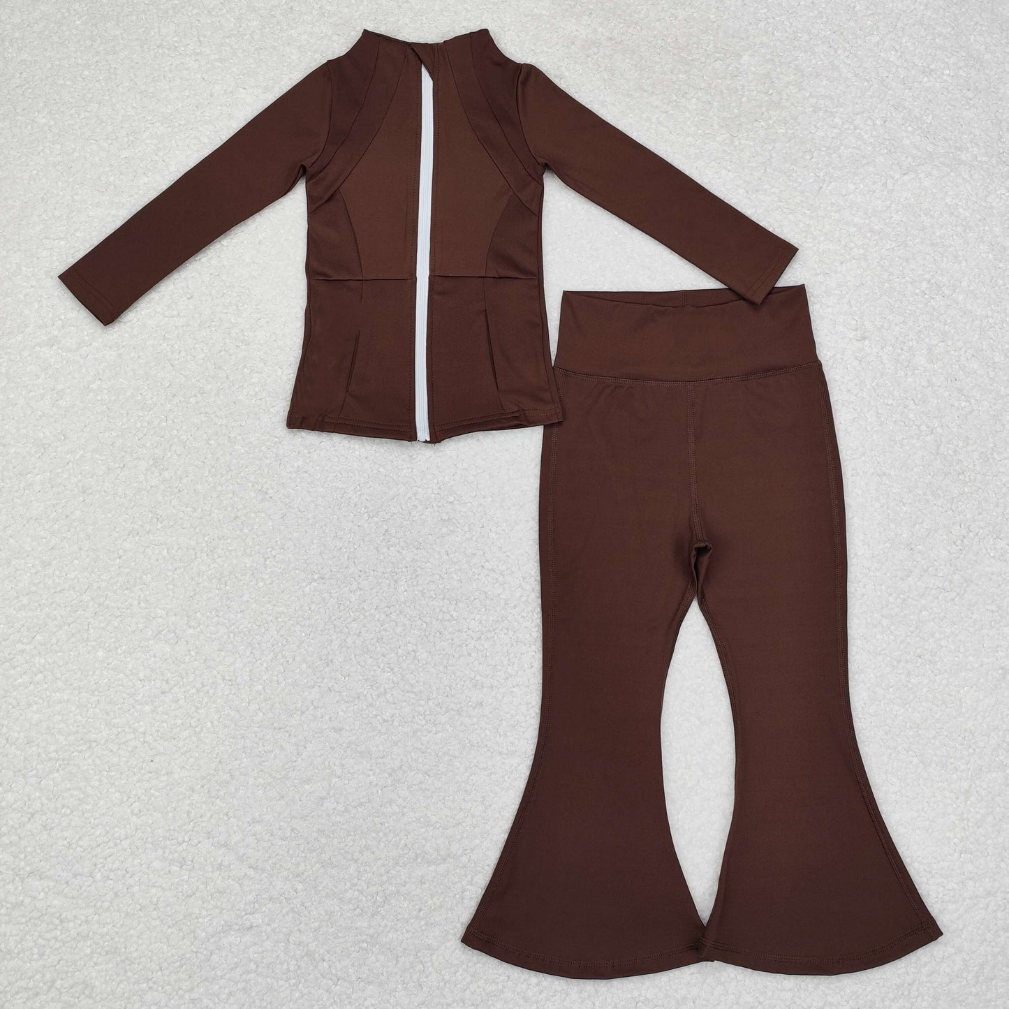 GLP1552 Brown Color Zipper Jackets Top Bell Pants Girls Yoga Athletic Wear Clothes Set