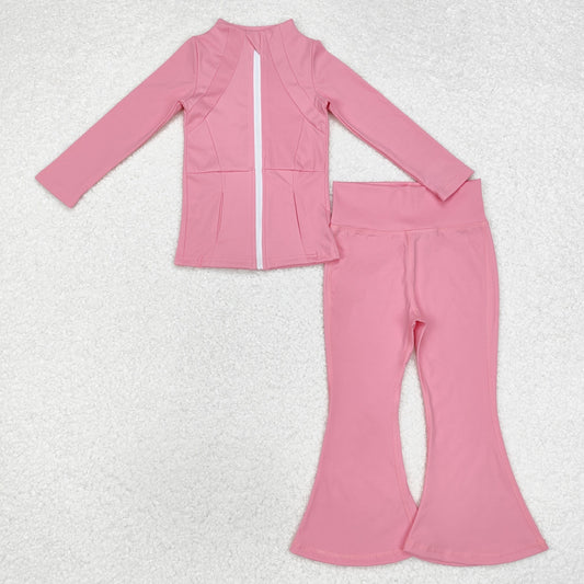 GLP1554 Pink Color Zipper Jackets Top Bell Pants Girls Yoga Athletic Wear Clothes Set