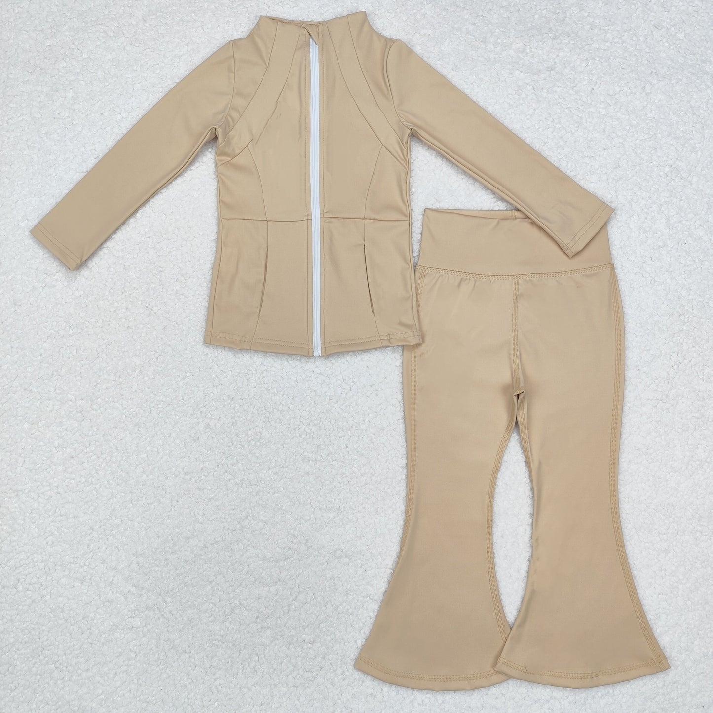 GLP1555 Khaki Color Zipper Jackets Top Bell Pants Girls Yoga Athletic Clothes Set