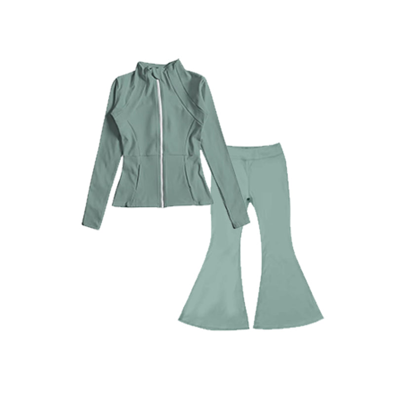 (Pre-order)GLP1556 Green Color Zipper Jackets Top Bell Pants Girls Yoga Active Wear Clothes Set