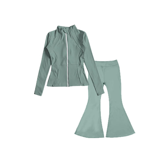 (Pre-order)GLP1556 Green Color Zipper Jackets Top Bell Pants Girls Yoga Active Wear Clothes Set