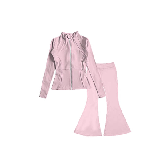 (Pre-order)GLP1557 Light Pink Color Zipper Jackets Top Bell Pants Girls Yoga Active Wear Clothes Set