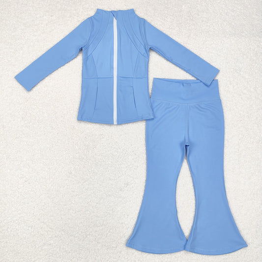 GLP1558 Blue Color Zipper Jackets Top Bell Pants Girls Yoga Athletic Wear Clothes Set