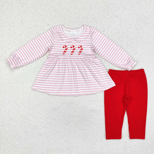 GLP1563 Candy Cane Stripes Tunic Top Red Pants Girls Christmas Clothes Set