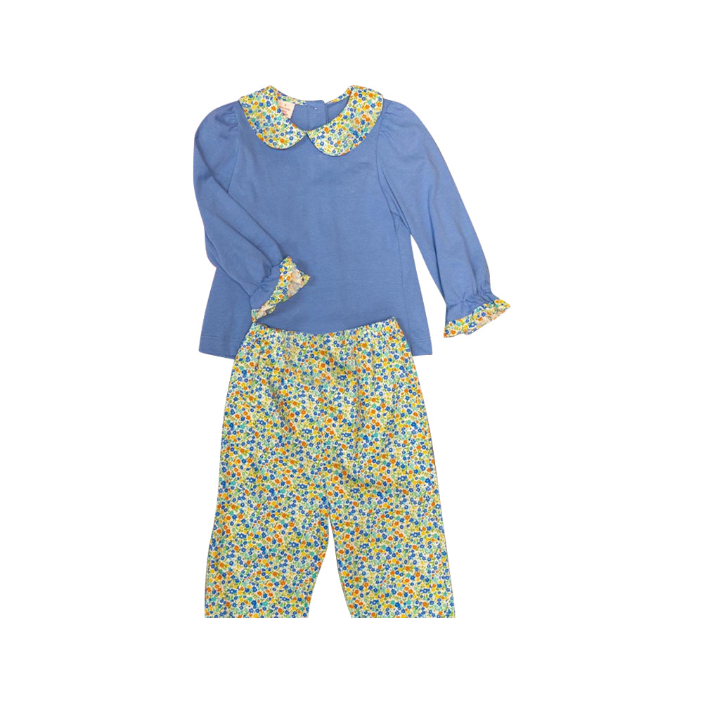 (Pre-order)GLP1579  Blue Top Flowers Pants Girls Fall Clothes Set