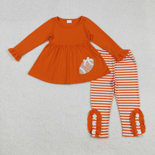 GLP1588  Football Embroidery Orange Tunic Top Stripes Pants Girls Fall Clothes Set