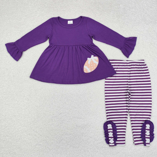 GLP1590  Football Embroidery Purple Tunic Top Stripes Pants Girls Fall Clothes Set