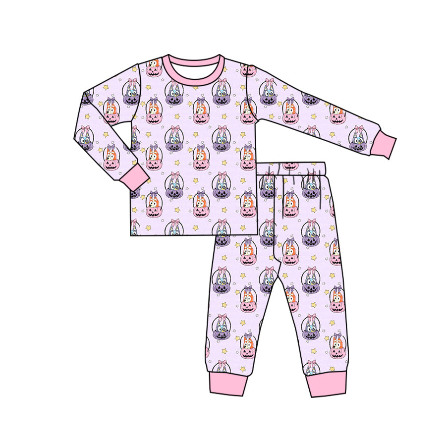 (Pre-order)GLP1593 Cartoon Dog Pink Flowers Print Girls Halloween Pajamas Clothes Set