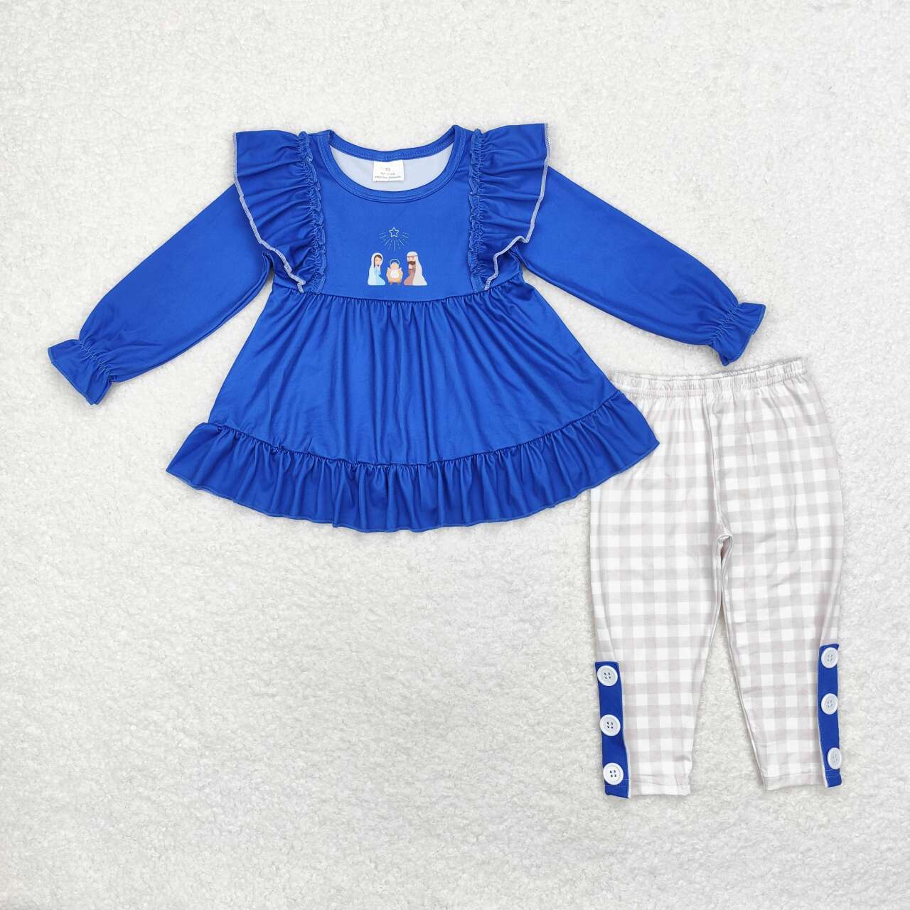 GLP1597 Nativity Blue Tunic Top Plaid Pants Girls Christmas Clothes Set