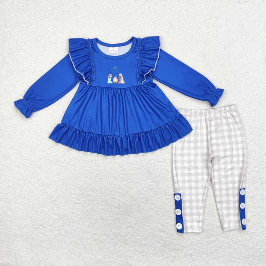 GLP1597 Nativity Blue Tunic Top Plaid Pants Girls Christmas Clothes Set