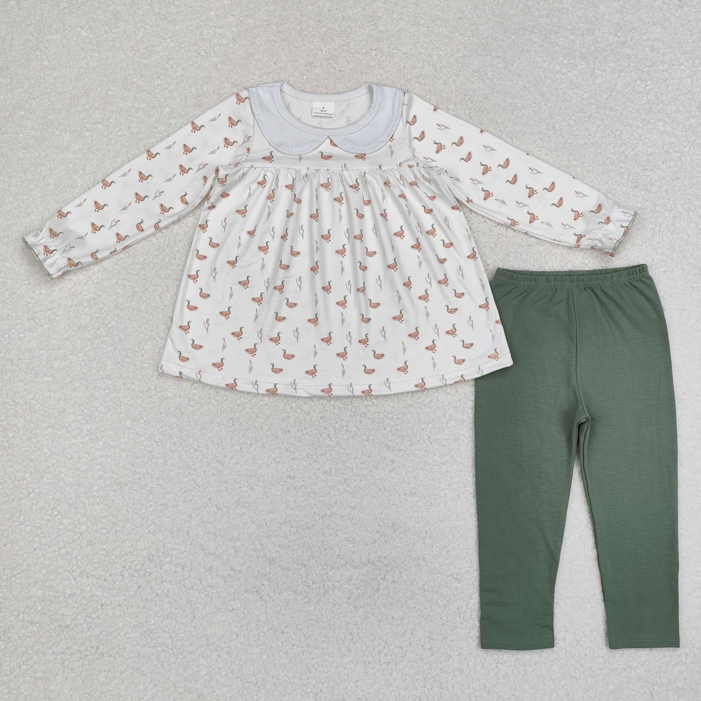 GLP1598 Duck Tunic Top Green Pants Girls Fall Clothes Set